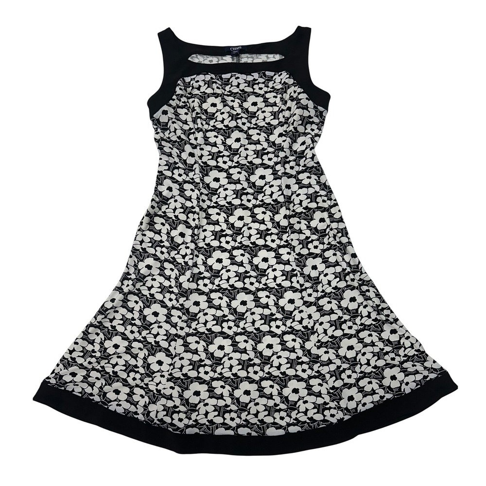 Chaps Dress Black White Floral Sleeveless Fit Flare Mod Knee Length Small Womens